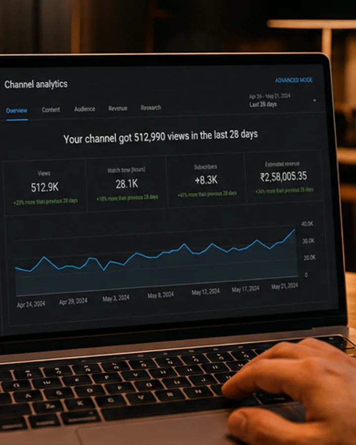 Laptop with YouTube analytics dashboard