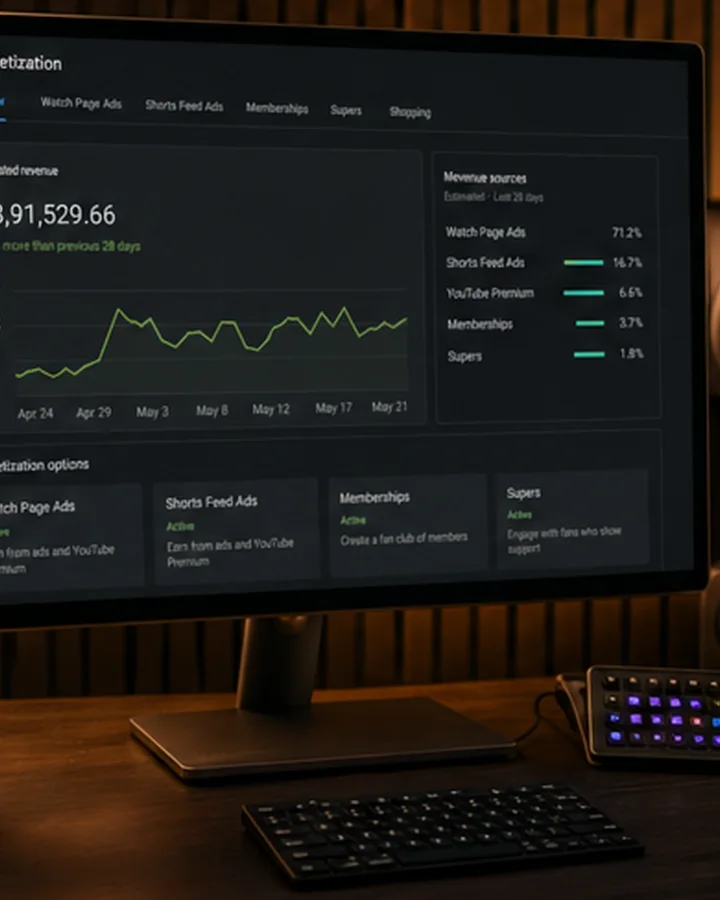 YouTube monetization dashboard on laptop