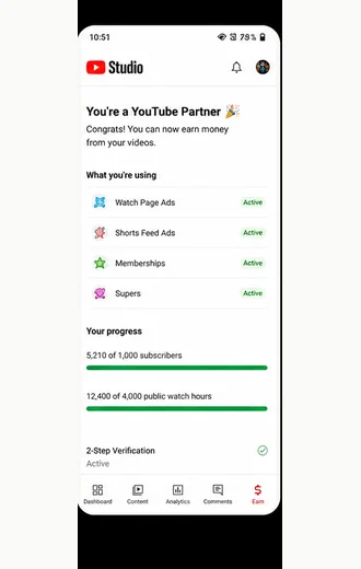 YouTube Partner monetization proof screenshot